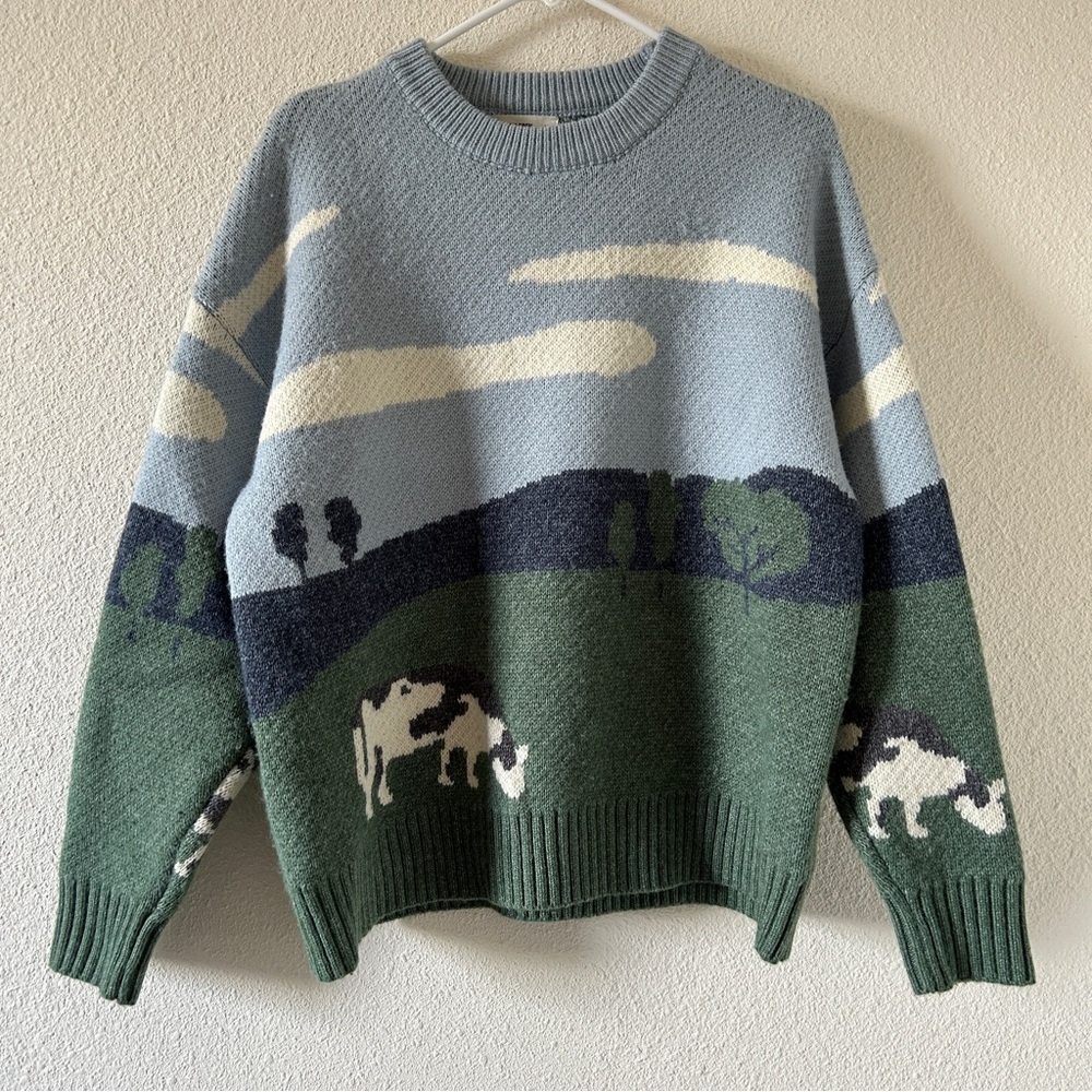 AELFRIC EDEN Sweater Novelty Cow Landscape Graphic Medium Grandpa Fisherman